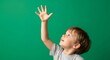 © Margarita Ratatosk - Happy child reaching up on green screen. Boy raising hand for chromakey background. Kid looking up with an open palm.