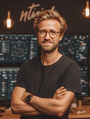 Smiling man with glasses stands confidently with arms crossed in front of complex computer screen displays.