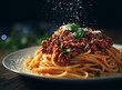 © nisi - Delicious spaghetti bolognese, a classic Italian dish, beautifully presented on a white plate, perfect for food photography and culinary projects.