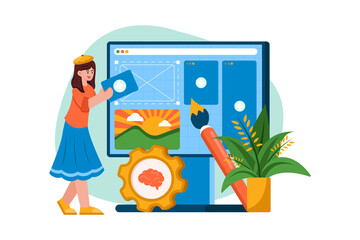Illustration of Woman Designing Website with Blue and Orange Color Scheme on Transparent Background