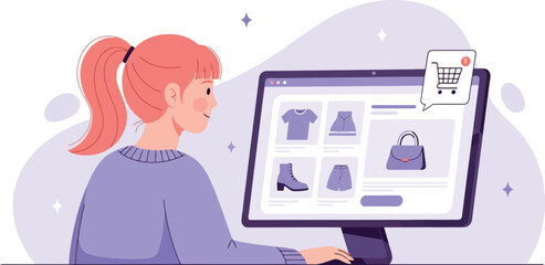 Young woman shopping online for clothes on computer isolated on white background