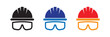 © Mahir - Set of three safety icons including a hard hat and safety glasses in black, blue, and red, isolated on transparent background