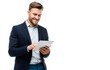 © Creative design - a middle-aged man wearing glasses and business casual attire, smiling while using an ipad in his hands