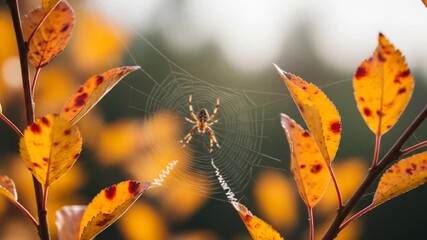 Spider web amidst autumnal foliage a captivating macro view of natures intricate design and seasonal transformation suitable for educational and nature themed projects and creative visuals