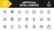© Yunus - Artificial intelligence line icon set. Set of 21 outline icons related to AI, artificial intelligence, virtual assistant, robotic, generative AI and others. Editable stroke. Vector illustration.