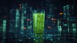© donchanu - Glowing green liquid with circuit board pattern in a glass futuristic cityscape background