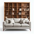 © Rana - Elegant living room interior featuring a comfortable sofa and a rustic wooden bookshelf white background