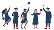 © Flash Vector - Happy graduate students vector illustration. Cartoon flat young people of different nations jumping with cap, certificate or diploma in hands, characters celebrating graduation education background