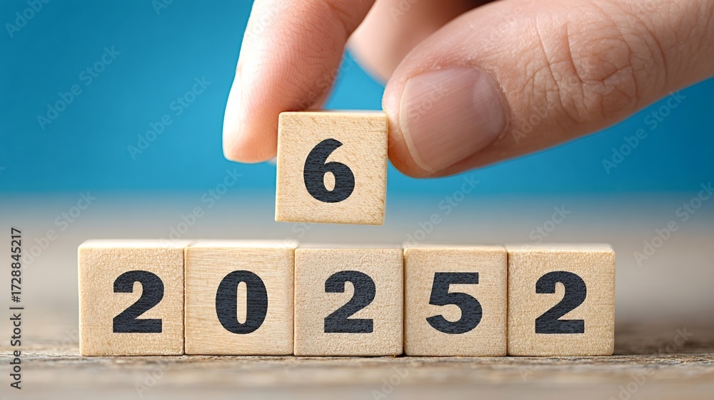Hand placing a wooden block with the number six, completing the year ...
