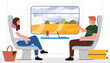 © Flash Vector - Man and woman travel in train compartment vector illustration. Cartoon inside train car scene with girl sitting in chair with neck pillow, guy holding phone to take photo of landscape outside window