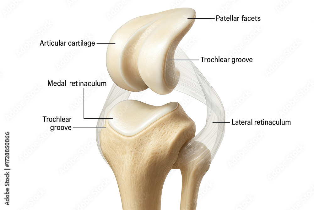 Patella Infera Anatomical illustration of the knee joint, showing the patella, femur ...