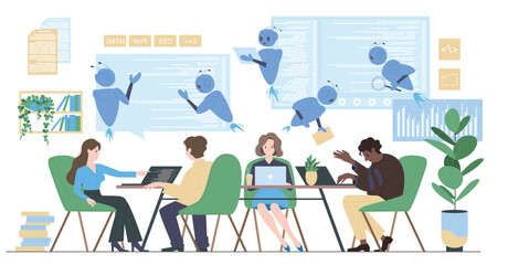Program code development with help of AI, artificial intelligence tools for coding. Tiny programmers work on laptops, develop software or mobile app code, robots assist cartoon vector illustration