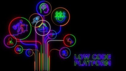 Glowing Low Code software development platform technology concept 4k video.