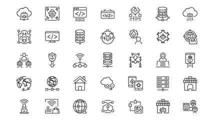 Essential collection of technology icons covering cloud computing, data analytics, network infrastructure, development, and digital security