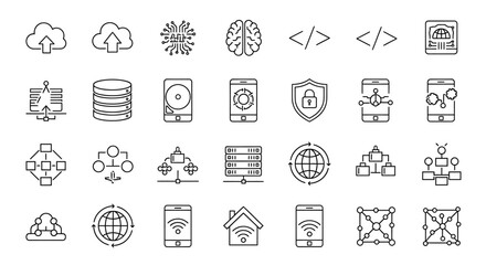 Extensive linear icon set illustrating modern digital technology, cloud computing, data security, artificial intelligence, and Internet of Things concepts for various digital infrastructure