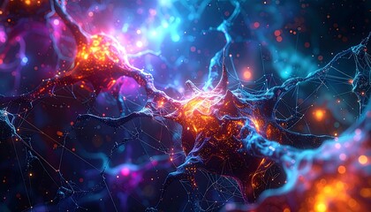 A vibrant and complex digital rendering of interconnected, glowing neural pathways with fiery and electric hues