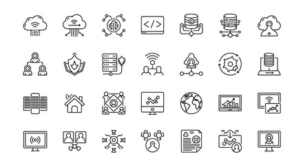 A comprehensive set of modern technology and network line icons for digital solutions, cloud computing, data management, and business infrastructure illustration