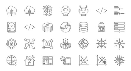 Modern linear icon set for technology, AI, data processing, cloud computing, programming, and cybersecurity, ideal for digital innovation and software development projects