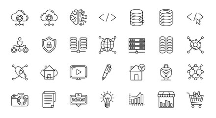 Comprehensive collection of modern technology and digital business line icons illustrating concepts of data management, cloud computing, and smart analytics solutions for various applications