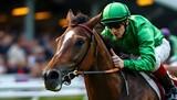 Jockey riding brown racehorse during competition symbolizing speed, power, and professional horse racing sport.
