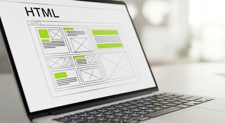 Laptop screen displaying html code and website layout for web development