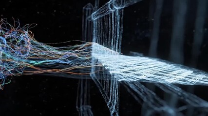 Abstract glowing particles flow and connect, representing data transfer and digital networks.