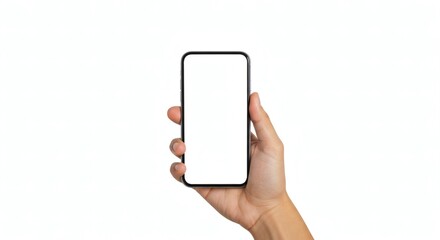 Hand holding a modern black smartphone with a blank white screen isolated on a white background.