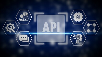 API concept with AI icons and technology symbols on dark blue background application programming interface