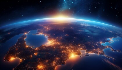 Wall Mural - a view from space showing earth at night with city lights illuminating landmasses the milky way galaxy visible above the horizon and the sun rising in the distance symbolizing global connection
