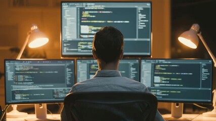 Dedicated programmer coding complex software on multiple monitors in a modern workspace, perfect for demonstrating tech skills and digital innovation