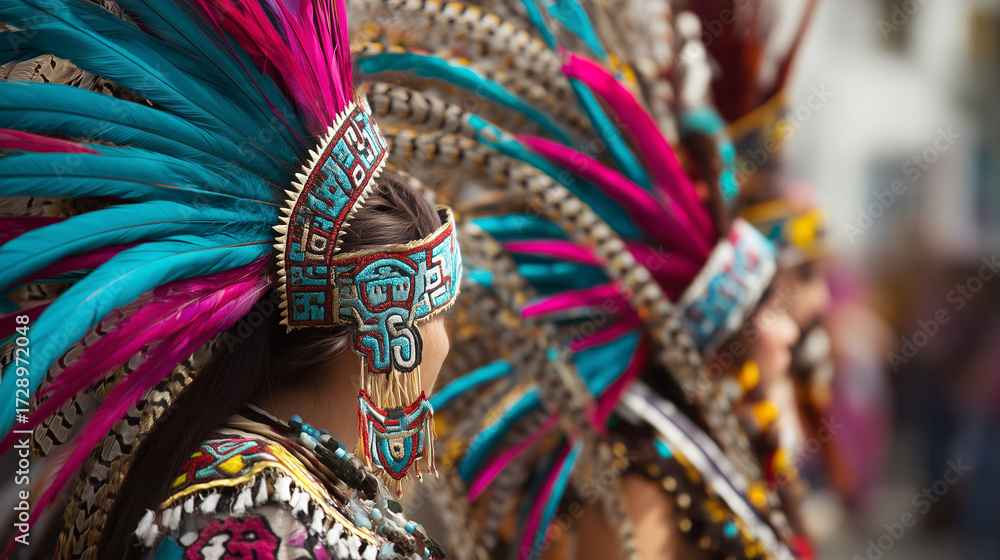 Side Profile of Aztec Performers with Bright Feather Headdresses ...