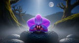 Vibrant purple orchid flower glowing under a magical moonlit spotlight in an enchanting fantasy forest