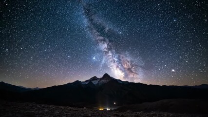 Wall Mural - ﻿Majestic Milky Way galaxy arcs over a rugged mountain range at night, a stunning cosmic timelapse grand, arcs, epic