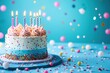© xia - birthday cake with colorful candles on a blue background, surrounded by confetti and balloons, celebration of life and joy,  festive card is suitable for greeting cards and marketing material
