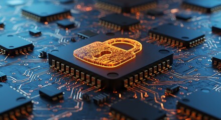 Digital security concept illuminated padlock on computer chip board