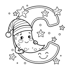  Cute moon and letter C coloring page. Adorable bedtime-themed illustration. Happy full moon in a sleeping cap hugging a smiling letter C with scattered stars. Fun printable activity for kids.