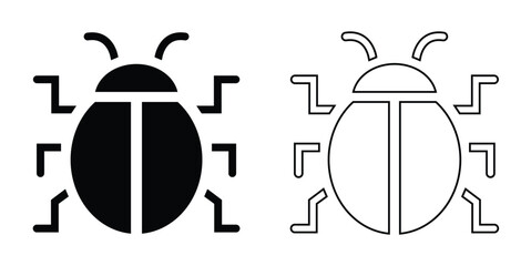 Two Bug Icons Vector – Solid and Line Art Minimalist Insect Symbols for Software, Debugging, UI Design, and Error Concepts