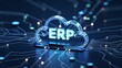 © Pixels Stock - Glowing cloud shaped erp system icon representing enterprise resource planning and digital transformation on a circuit board background