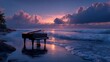 © eric.rodriguez - upright piano standing in shallow ocean water at sunset, calm sea with gentle ripples, dramatic cumulus clouds, soft golden hour light