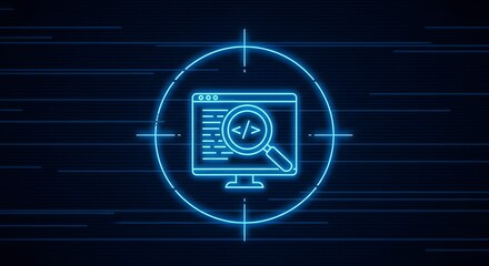 Neon-lit graphic design of a computer monitor with a magnifying glass and coding symbols on a dark background with blue lines and a circular target outline.