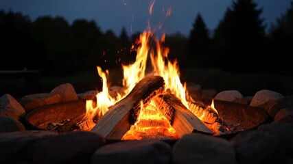 Sticker - timelapse of an outdoor fire pit burning through firewood, with sparks rising and smoke billowing ag