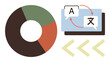 © robu_s - Colorful pie chart and two message boxes with arrows indicating language translation. Ideal for communication, globalization, analytics, productivity, language learning, workflow, simple flat