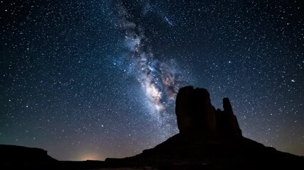 Wall Mural - The brilliant Milky Way galaxy slowly sweeps across the heavens above a distinctive rock formation under a starry night timelapse Milky Way, rugged, brilliant