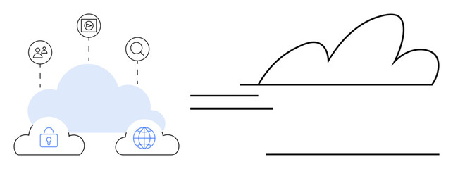 Blue cloud with security lock, globe, user, lens, and app icons. Ideal for topics thumbs up technology, internet, networking communication data safety innovation and cloud storage. Minimal flat