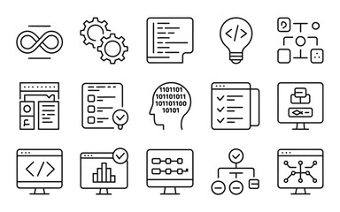 Collection of scalable vector icons for software development and technology themes silhouette vector illustration white background