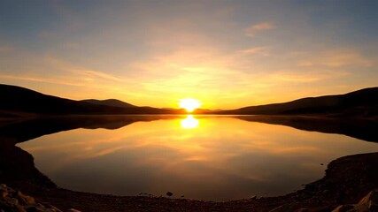 Wall Mural - stunning timelapse of a golden sunrise over a calm, pristine lake, with reflections and a peaceful, 