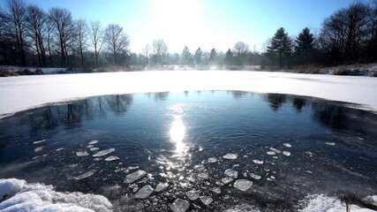 Wall Mural - Stunning timelapse capturing the slow melting of ice on a frozen pond, revealing shimmering water beneath transformation, passage, nature