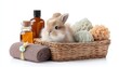 © DuangphornC - A cute bunny rests in a basket with spa items, including oils and towels, creating a calming and serene atmosphere, spa basket gift with cute rabbit