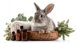 © DuangphornC - A grey rabbit nestled in a woven basket surrounded by essential oils and fresh herbs, creating a serene and calming ambiance, spa basket gift with cute rabbit
