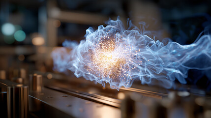 Wall Mural - Energy Wave Dynamics: Captivating artistic visualization of an energy wave emanating from a technological setup, showcasing a dynamic and powerful display of force.